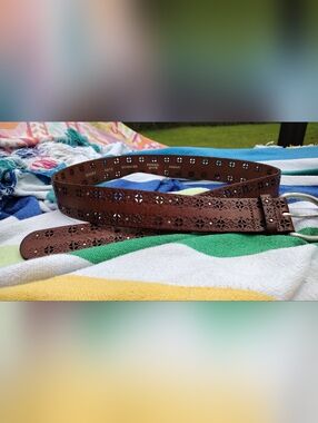 Fossil Brown Leather Belt with Perforated Floral Design